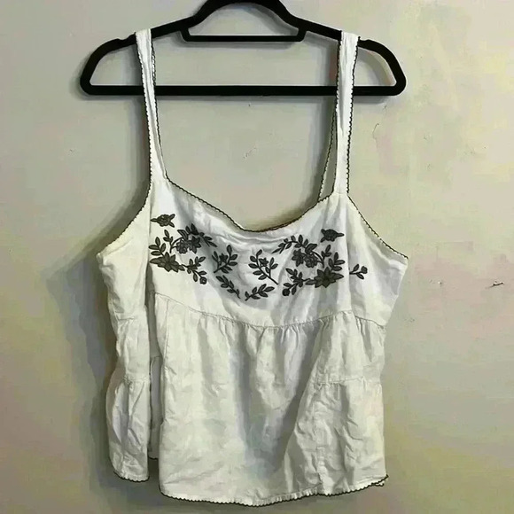 Forever 21 Linen Blend Babydoll Tank 2x Off White with green Embroidery - Picture 1 of 8